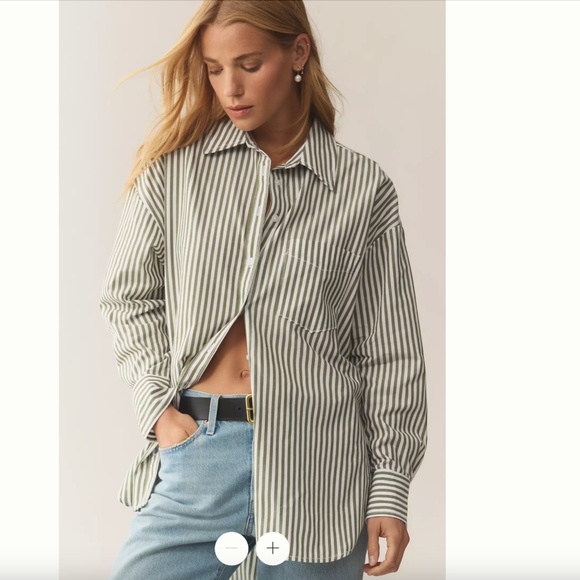 Green Stripe Button Down Shirt Anthropologie L - Picture 1 of 10